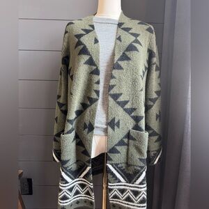 FRYE Olive Green Southwest Patterned Women's Sweater Long Cardigan